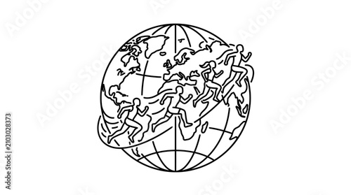 Konstfotografi Professional Black and White Line Art Globe with Silhouettes of People Running A