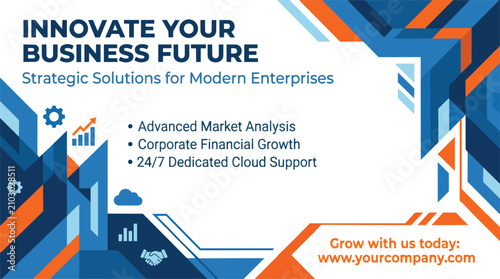 Business flyer template featuring geometric blue and orange shapes with text space for strategic enterprise solutions and corporate financial growth goals in a modern digital industrial landscape.