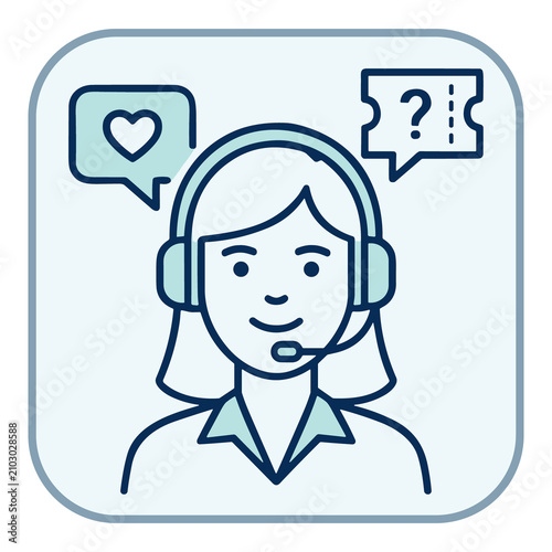 Female customer service agent line icon with support speech bubbles