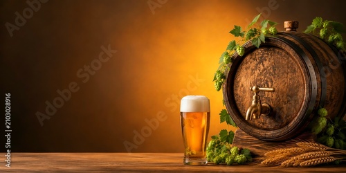 Rustic Oktoberfest Beer Barrel with Fresh Hops, Wheat and Golden Lager on Wooden Table