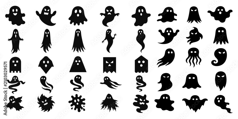 Fototapeta premium Diverse collection of black silhouette ghost graphics for halloween designs and spooky themed projects