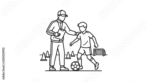 Bild auf Leinwand Sleek Black and White Line Drawing of Soccer Coach Instructing Young Player Near