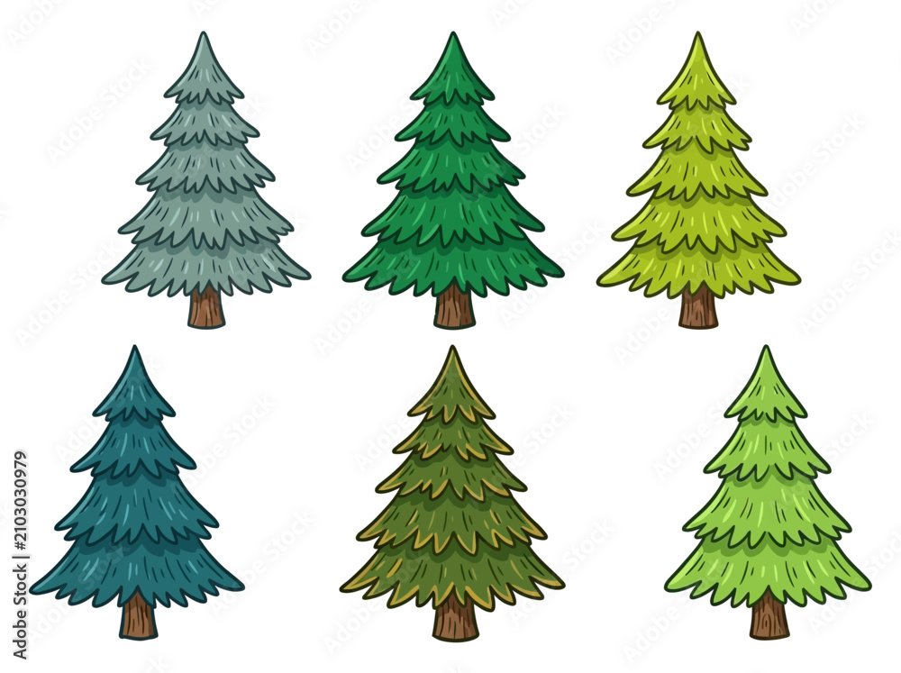 Fototapeta premium A collection of six stylized pine trees featuring varied shades of green and blue with detailed hand drawn textured lines