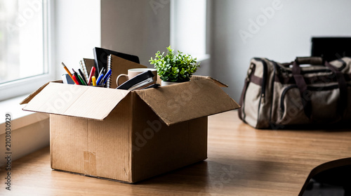 A cardboard box filled with office supplies, a plant, and personal items sits on a wooden desk next to a duffel bag