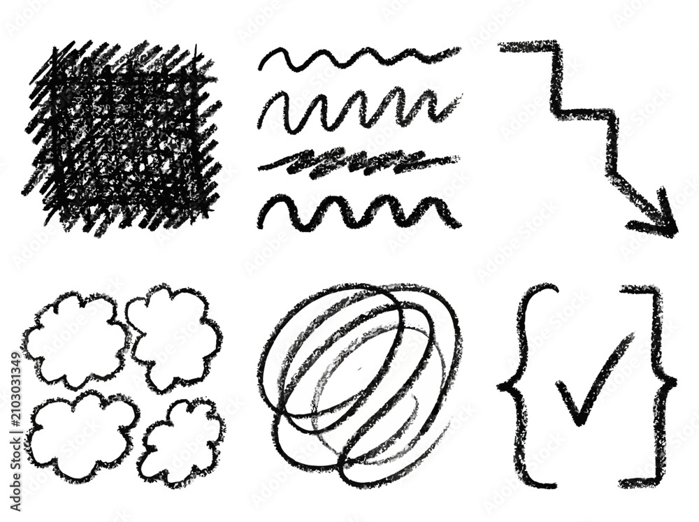 Obraz premium Collection of hand drawn charcoal texture elements including scribbles, wavy lines, geometric shapes, and a checkmark on white paper