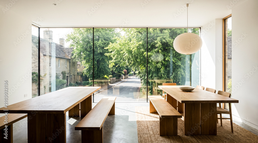Fototapeta premium Minimalist interior dining room with large glass windows overlooking a tree-lined street and historical buildings
