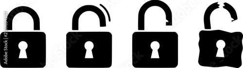 Padlock opening sequence icons showing security breach and access granted vector silhouette

