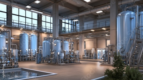 Modern Water Treatment Facility Interior with Multiple Storage Tanks and Industrial Equipment