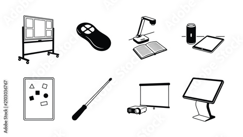 Collection of classroom presentation and teaching equipment icons with transparent background