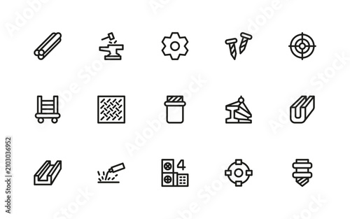 Steel Element icon set. Professional or modern icons illustration displaying industrial warehouse steel joints and hard mechanical building connectors.