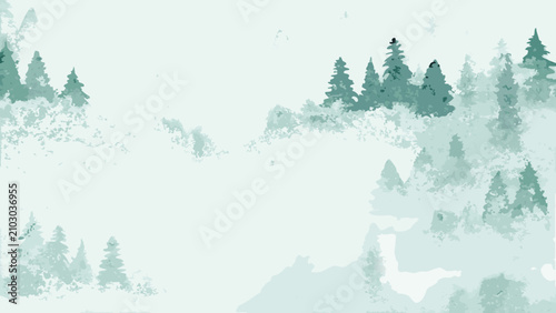 Watercolor forest scene with muted green and white tones creating a soft atmospheric landscape background botanical coniferous cool toned