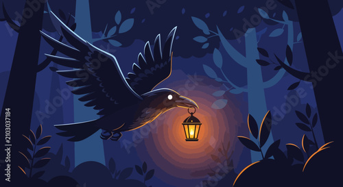 Mysterious Raven with Lantern Flying Through Dark Forest at Night