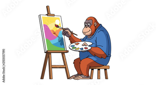 Orangutan Artist Painting Landscape Artwork