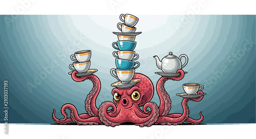 Octopus Serving Tea with Stacked Cups and Teapot