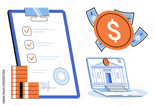 Clipboard with checklist, coins, and laptop with bank interface vector illustration. Finance, investment, accounting, banking, savings, digital payment. Document with tasks and money