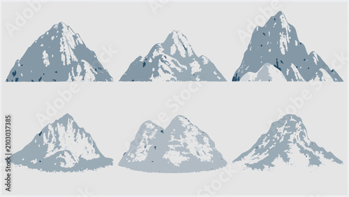 Quadro su tela Six grey mountain illustrations with snow capped peaks a vector graphic on a lig