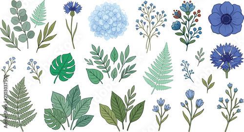 Bild auf Leinwand Blue Botanical Floral Collection with Hydrangea, Anemone, Cornflower, Fern Leave