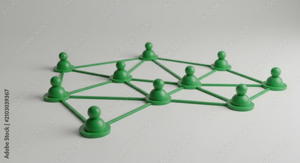 Obraz premium A 3D rendered graphic representing a connected network of people using green pawn figures.