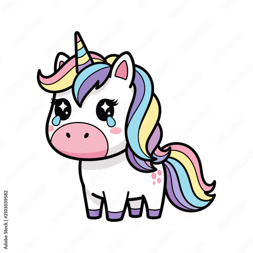 Fototapeta premium Sad Kawaii Unicorn Crying Tears - Cute Fantasy Mythical Creature Illustration