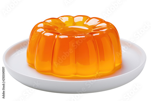 Vibrant orange gelatin dessert presented on a simple white plate with transparent background