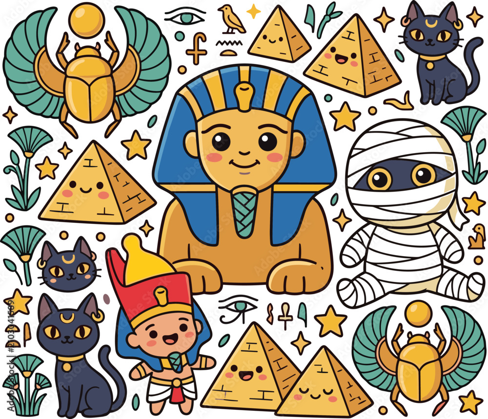 Fototapeta premium Cute Ancient Egypt Collection with Kawaii Pharaoh, Mummy, Pyramids, Scarab Beetles, Bastet Cats, and Egyptian Symbols Vector Illustration Set
