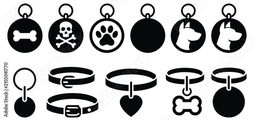 Obraz na płótnie Pet collar and tag vector set, dog name tags, cat ID labels, black silhouette accessory icons, editable pet identification clipart, isolated vector illustration