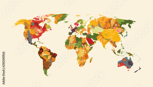 A vibrant world map illustration where each country is uniquely composed of a collage of diverse fruits, vegetables, and food items.