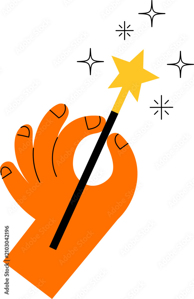 Obraz premium Whimsical drawing of hand holding a magic wand. Playful doodle icon for back to school, education, learning and creative writing designs. 