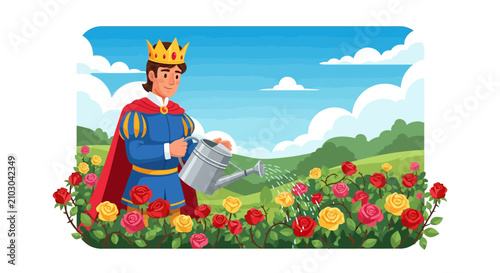 Royal Gardener Prince Watering Roses in Lush Garden