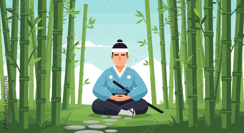 Samurai Meditating Zen Bamboo Forest Serene Mindfulness Calm