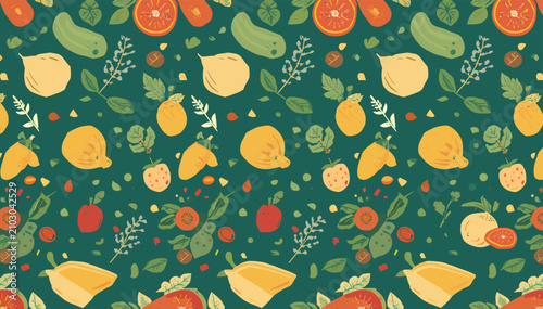 Seamless pattern with various colorful fruits and vegetables on a dark green background, featuring a hand-drawn, whimsical style.