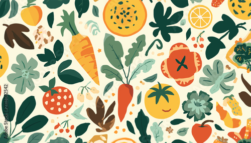 Vibrant and colorful flat design pattern featuring an assortment of fresh fruits, vegetables, and botanical elements on a light background, perfect for healthy eating themes.