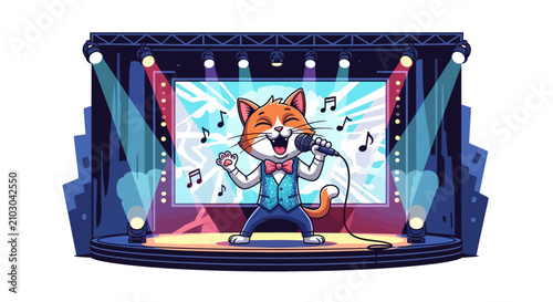 Singing Cat Character on Stage with Microphone and Spotlight
