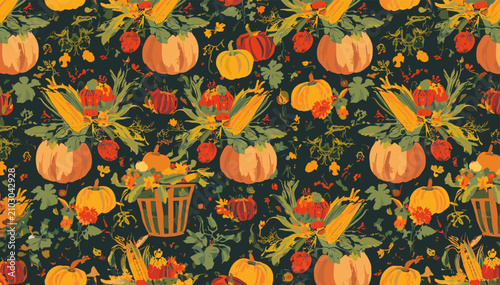 Seamless autumn harvest pattern with pumpkins, corn, and berries on a dark background, featuring a rustic and illustrative style.