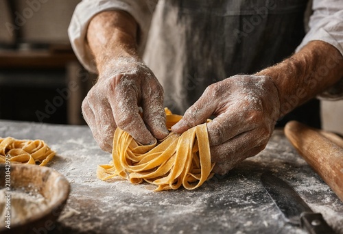 Chef hands shaping fresh handmade pasta on floury wooden table, rustic kitchen atmosphere, artisanal food making process.
