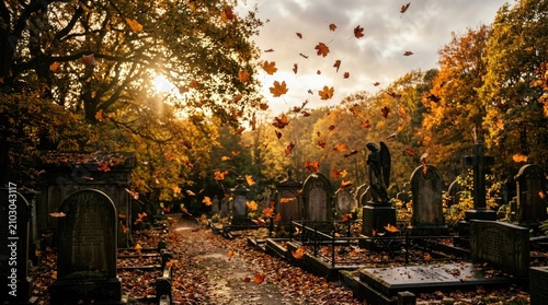 Autumn Leaves Falling Gently Across A Sunlit Old Graveyard