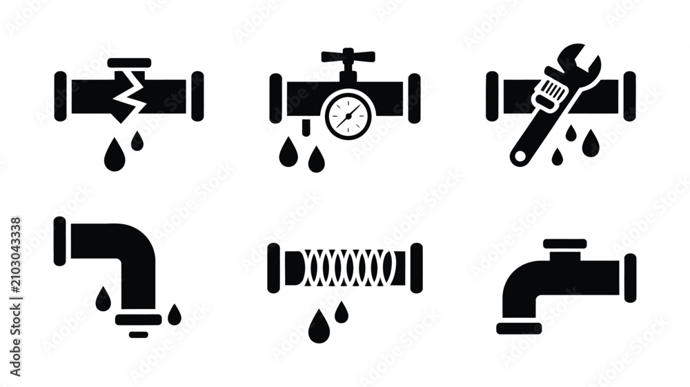 Fototapeta premium Plumbing pipe repair icon set, broken pipes, water leaks, wrench maintenance, repaired plumbing system, pipe fixing solutions, editable vector illustration.