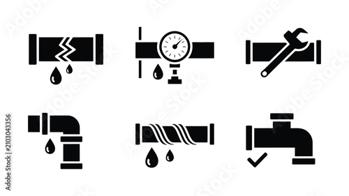 Cuadro en lienzo Plumbing pipe repair icon set, broken pipes, water leaks, wrench maintenance, repaired plumbing system, pipe fixing solutions, editable vector illustration