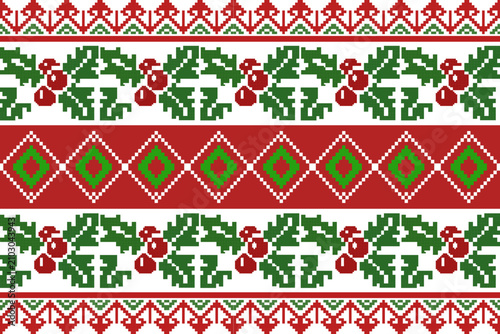 Seamless Christmas border pattern with decorated trees, hanging ornaments and Nordic geometric stripes in red, green and white. Festive vector design for fabric, wrapping paper and holiday decor.
