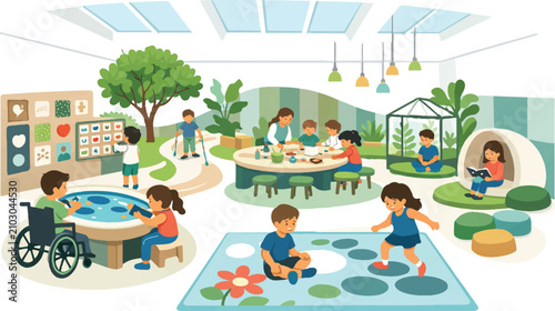 Web Biophilic Inclusive Classroom Vector Illustration – Nature‑Inspired Learning Environment Design 