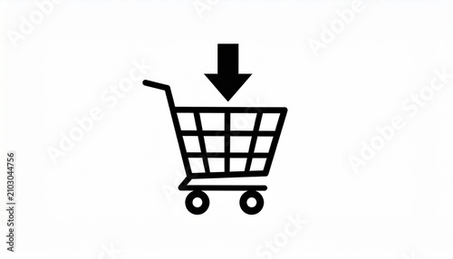Minimal black shopping cart icon with downward arrow on white background, clean vector design symbolizing add-to-cart action, e-commerce, and digital retail interface concept.