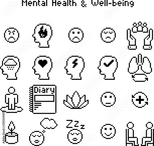 Pixel Art Monochrome Mental Health and Well-being Icon Set