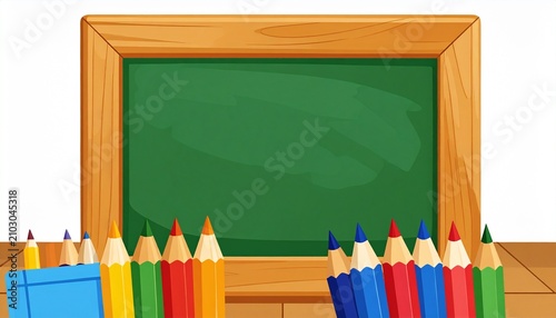 Green chalkboard with wooden frame and row of sharpened colored pencils in front, vibrant educational composition symbolizing creativity, learning, and classroom art.