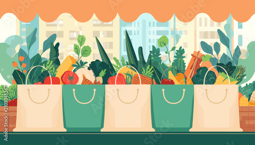 Bilde på lerret A vibrant illustration of reusable shopping bags overflowing with fresh produce, set against a backdrop of urban buildings and greenery