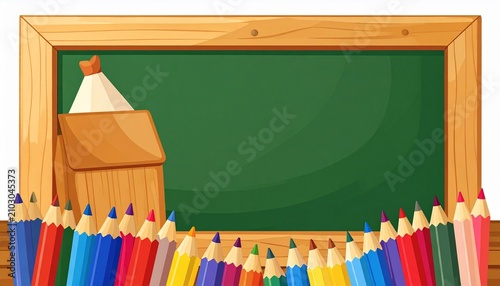 Green chalkboard with wooden frame and row of sharpened colored pencils in front, vibrant educational composition symbolizing creativity, learning, and classroom art.
