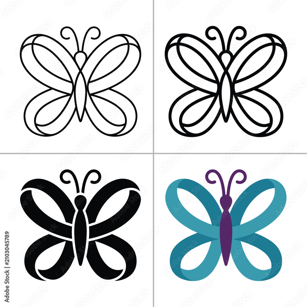 Fototapeta premium Butterfly made of ribbon illustration set with outline, thick line, glyph and flat design style.