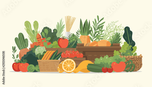 Photos A colorful and abundant display of fresh fruits and vegetables arranged on wooden crates and baskets, depicting a healthy food market