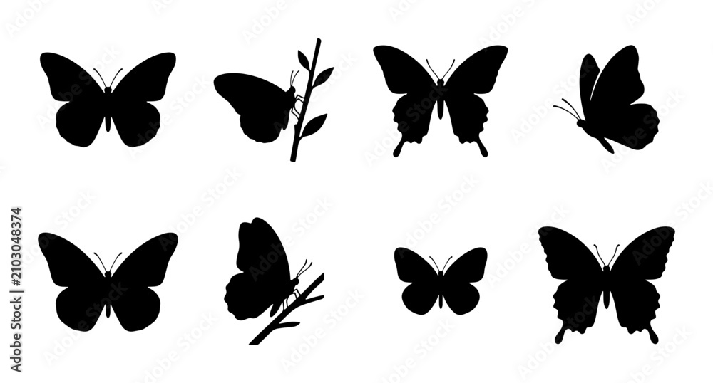 Naklejka premium Black Butterfly Silhouettes, Insect Vector Icons, Delicate Winged Creatures, Nature Elements