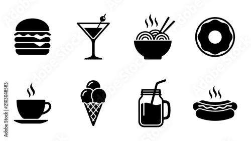 Quadro su tela Food and Drink Icons: Burger, Cocktail, Noodles, Donut, Coffee, Ice Cream, Jar D