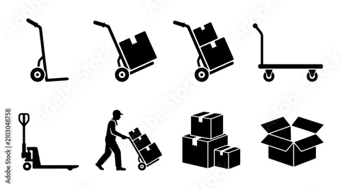 Logistics Icons: Hand Trucks, Pallet Jack, Boxes, Delivery Worker Vector Set